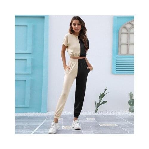 Spring And Summer New Womens Fashion Fall Shoulder Double Contrast Elastic Waist Womens Sports Suit