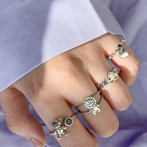 Morivovog 925 Sterling Silver Lion Bear Heart Charm Rings for Women Vintage Cute Chic Creative Statement Rings Stylish Jewelry