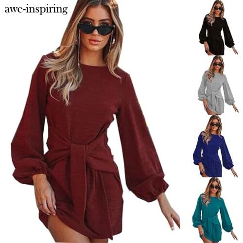 Womens Autumn Winter Cotton Long Sleeves Elegant Knitted Bodycon Tie Waist Sweater Pencil Dress Slim Oversized Mini Sexy