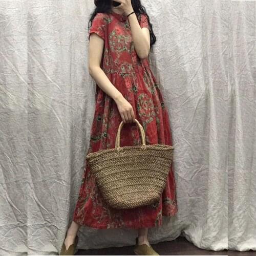 QPFJQD Ladies Loose Printed Ramie Short Sleeve Dresses Stand Collar Women Summer 2021 Retro Print Qipao Dress Chinese Style