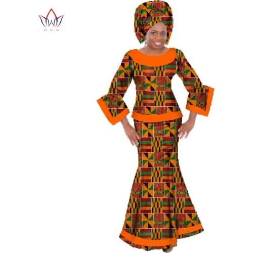 Bintarealwax Women 2 Piece Sets Dashiki Crop Top and Skirts Traditional African Clothing Bazin Free Headtie African Sets WY064