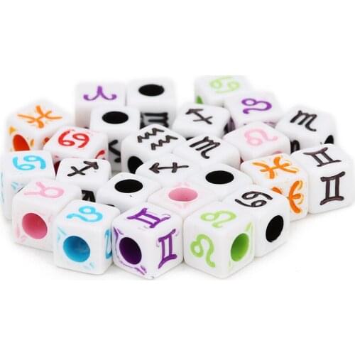 100 White Cube Acrylic Horoscope Beads 4mm Hole - Sign of The Zodiac - black 7mm, mixed