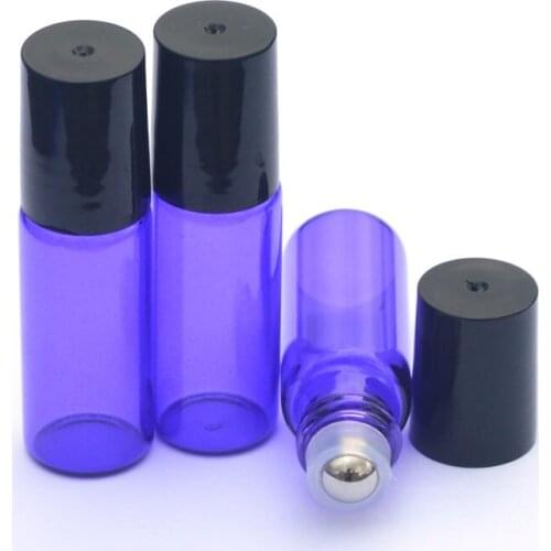 Fast shipping 3pcs 5ml Perfume Roller Glass Bottle Fragrance Essential Oil Empty Blue Sample Bottle Roll-On Black Plastic Cap
