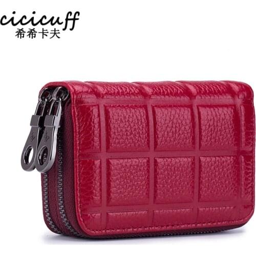 Genuine Leather Credit Card Holder for Women Female Double Zipper Leather Cardholder Wallet Men Card Purse with Coin Pocket RFID