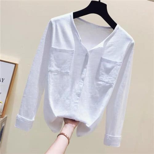 Cotton 100% Solid Women T-Shirts Summer New V-Neck Pocket Long-Sleeved Causal All Match Female Pulls Tops Tees Oversize 3XL