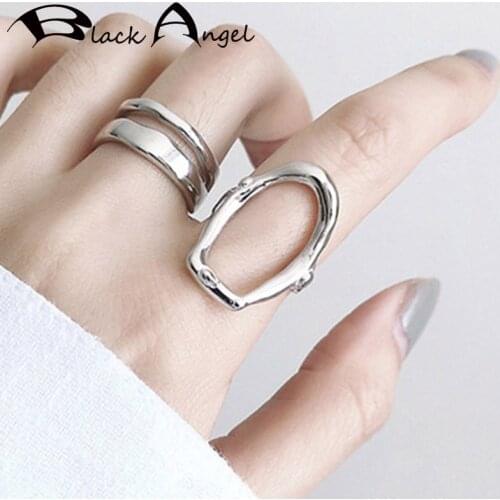 BLACK ANGEL Vintage Thai Silver Rings Irregular Personality Geometric Open Exaggerate S925 Jewelry for Women Student Party Gift