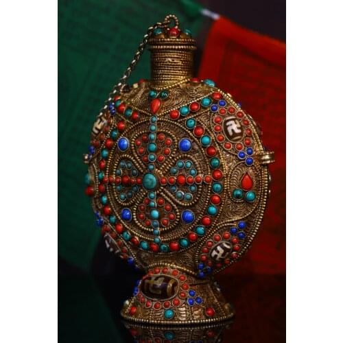 7"Tibet Temple Collection Old Tibetan silver Gilt Filigree mosaic Gem turquoise Dzi Bead snuff bottle Lucky Turtle Ornaments