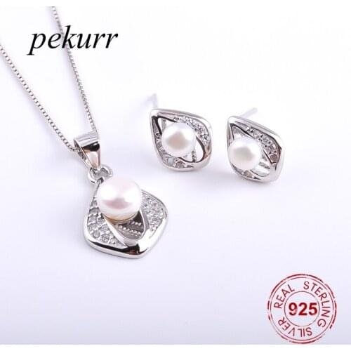 Pekurr 925 Sterling Silver Zircon Sky Eye Freshwater Natural Pearl Earrings Necklace Sets For Women Square Pendants Jewelry Set