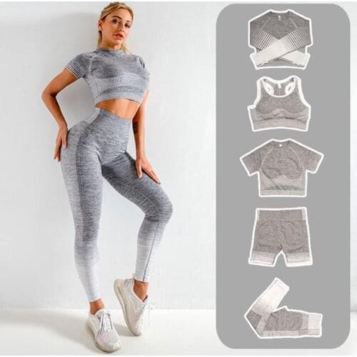 2/3/5 PCS Seamless Yoga Set Gym Clothing Fitness Sportswear Crop Top Shirts Sports Suit Tracksuit Women High Waist Leggings