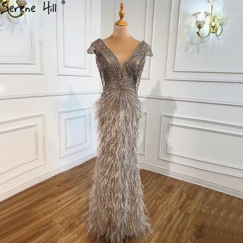 Serene Hill Brown Mermaid Elagant Luxury Evening Dresses Gowns 2020 Feathers Beading For Women Party DLA70801
