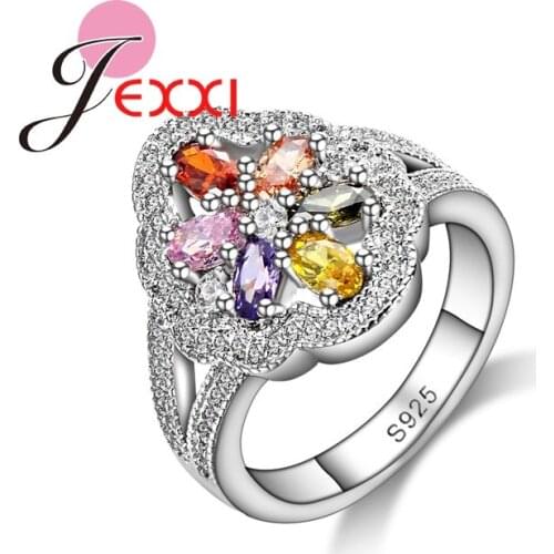 Creative Design Colorful Crystal Flower Rhinestone Women Wedding Rings Fashion Stamp Silver Jewelry Party Gifts
