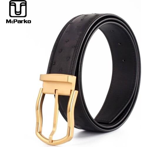 McParko Authentic Ostrich Leather belt Men Stainless Steel Pin Buckle Suits Belts Genuine Leather Waist Belts for Men Luxury New