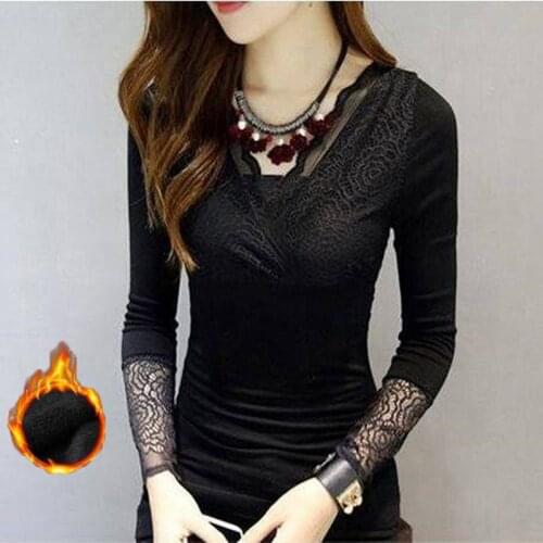 New Spring and Autumn Tight Shirt Slim Lace V-neck Long Sleeve Plus Thin Velvet Bottoming Shirt Women DD2223