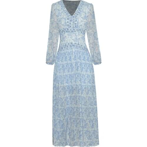 Newest HIGH QUALITY Fashion 2021 V-Neck Lantern Long Sleeve Beaded Pleated Printed Dress