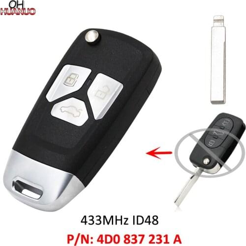 Upgraded Folding Remote Key 3 Button 433MHz with ID48 Chip for Audi A3 A4 1999-2002 4D0 837 231 A