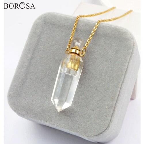 BOROSA Gold Color Clear Crystal Perfume Bottle Necklace Pendant Hexagon Natural White Quartz Essential Oil Diffuser Charm WX1621