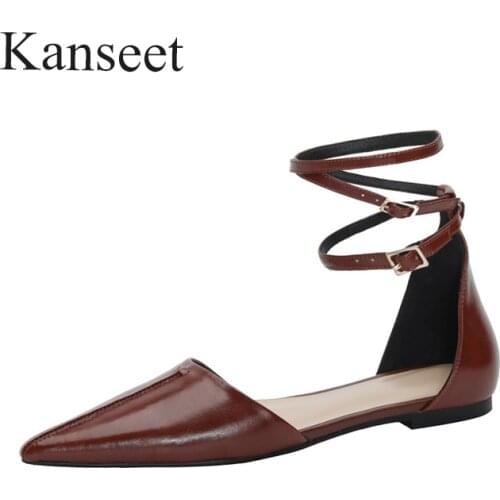 Kanseet Shoes For Women 2021 Summer Elegant Pointed Toe Genuine Leather Buckle Brown Womens Sandals Comfort Low Heels Sandals