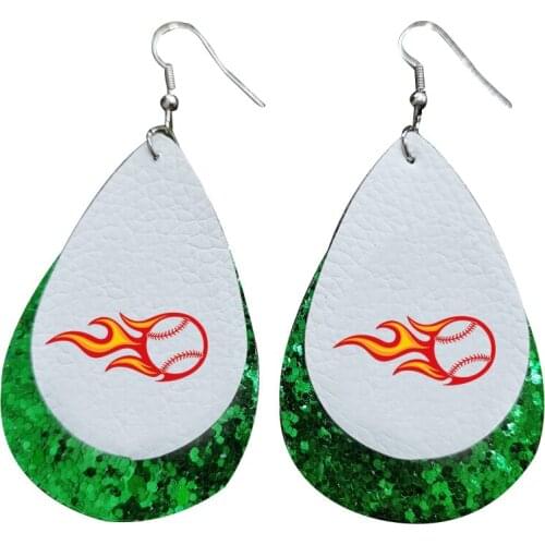 Faux Leather Earrings For Baseball Soccer Ball Football Flames Two Layers Glitter Earrings
