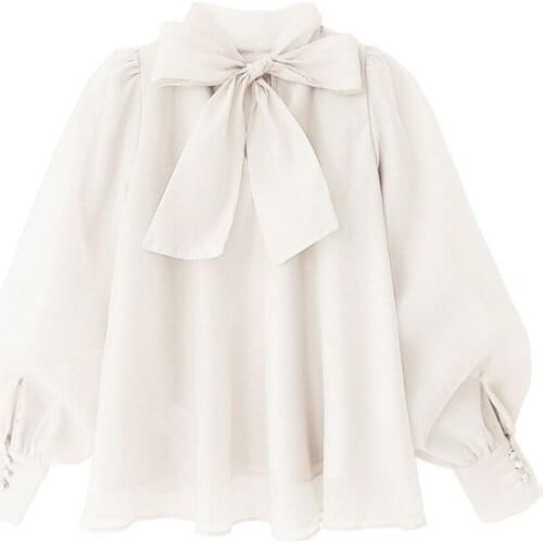 Chic Voile Lantern Long Sleeve Bow Drawstring Shirts 2021 Spring New Sweet Women Blouse Fresh Aesthetic Femme Blusas
