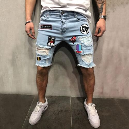Summer Mens Shorts Fashion Casual Slim Fit High Quality Elastic Badge Embroidery Broken Hole Street Head Hip-Hop Denim Shorts