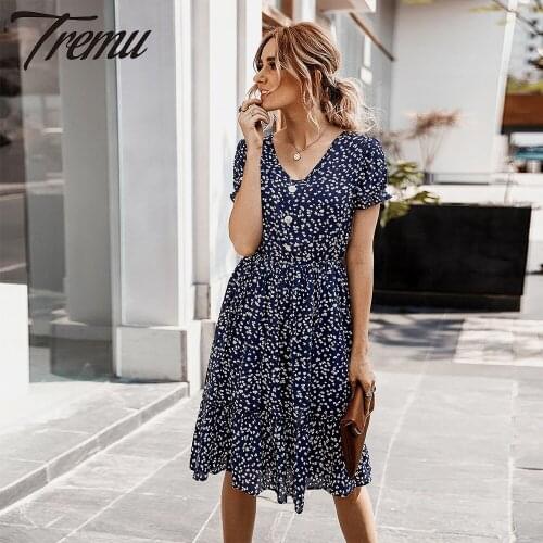 TREMU V-Neck Floral Print Dress Woman Summer Puff Sleeve Prairie Chic Flounced Edge Midi Dresses vestidos de fiesta