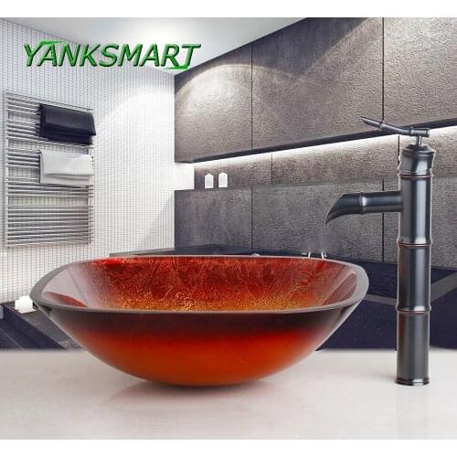 YANKSMART Square Tempered Glass Bathroom Washbasin Sink + Oil Rubbed Bronze Basin Black Faucet Mixer Water Tap With Pop-up Drain