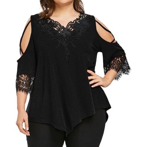 5XL Big Size Summer Cold Shoulder Shirts Fashion Womens blusas Plus Size Lace Trim V Neck Cold Shoulder Strapless Tops Blouse A2