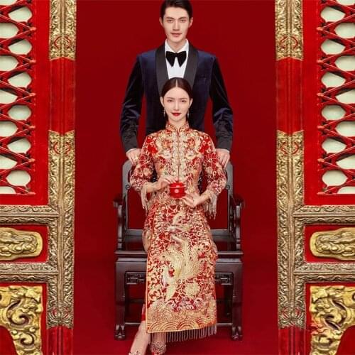 Summer Dragon Phoenix Embroidery Marry Clothes High Quality Cheongsam Chinese Traditional Bride Groom Wedding Dress Qipao