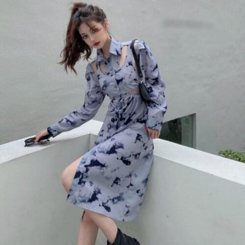 Shirt Dress Womens 2021 Autumn New Slim Printed Dress Long-Sleeved Sexy Hollow Out Fashion Elegant Dress Vestidos