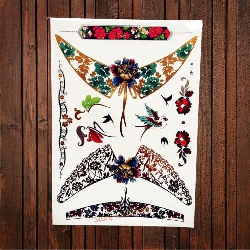 1PC Distinguished Temporary Gold Tattoo Flower Bird Lace Jewel Design Waterproof Henna Tattoo Sticker For Women Body Art AYH-118
