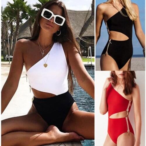 2019 Sxey One shoulder One Piece Swimsuit High Waist Bathing Suit Women Beach zipper Swimwear Bodysuit Black Swimming Monokinis