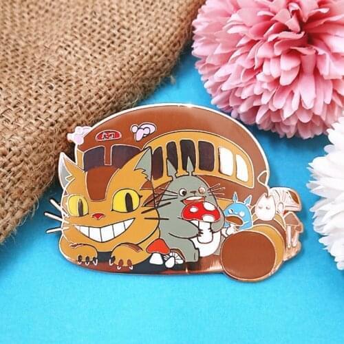 Kawaii Totoros Bus Hard Enamel Pin Cartoon Animals Cat Badge Brooch Pastel Red Mushroom Plant Pins Jewelry Anime Movie Fans Gift