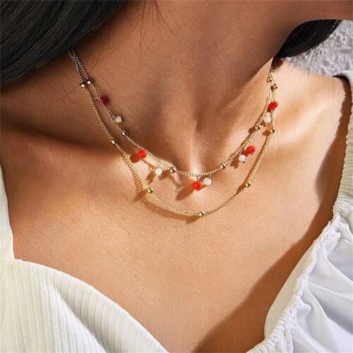 LXY-W Fashion Multilevel Gold Metal Chain Colorful Bead Pendant Necklace For Women Boho Vintage Geometric Choker Jewelry Gift