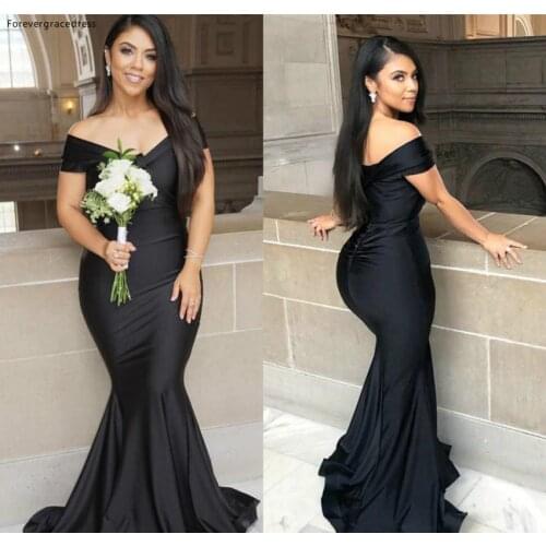 2019 Black Bridesmaid Dress Cheap Off Shoulder Summer Country Garden Formal Wedding Party Guest Maid of Honor Gown Plus Size