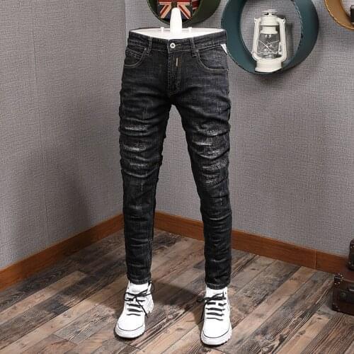 European American Street Fashion Men Jeans Retro Black Gray Elastic Slim Fit Ripped Jeans Men Vintage Designer Denim Punk Pants