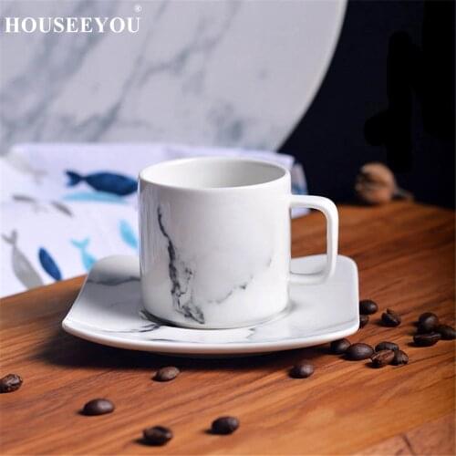 HOUSEEYOU 280ml Modern Minimalist Marbled Porcelain Coffee Cup Saucer Set Porcelain Tea Cup Teacup Dish for Home Bar Office Use