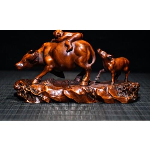 7"Chinese temple collection Old Boxwood Herd Boy statue Cow statue Shepherd boy Office Ornaments Town House Exorcism