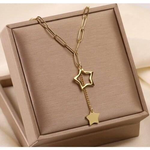 Korean high quality titanium steel geometricfive-pointed star chain necklacefemalefashion joker simple tasselclavicle chaintrend