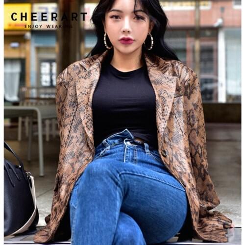 Cheerart Snake Print Leather Blazers Women Leather Jacket And Coats Green Brown Ladies Korean Snake Skin Blazer Femme