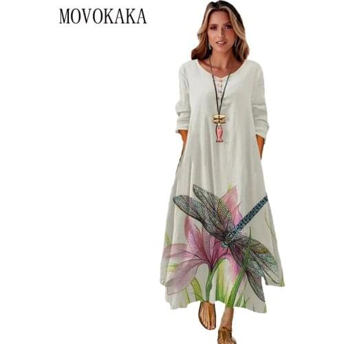 MOVOKAKA Floral Print Vintage Dress 2021 Party Button Summer Sundresses Elegant dresses Women Casual Prom Dress With Long Sleeve
