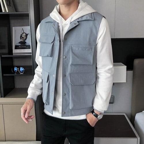 Mens Jacket Sleeveless Vest Winter Male Warm Vest Coats Muti-pockets Ribbons Men Turn-down Collar Thicken Waistcoats Clothing