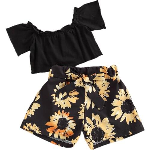 New Kids Baby Girls Fashion 2-piece Outfit Set Off Shoulder Tops+Sunflower Print Shorts Set for Children Girls