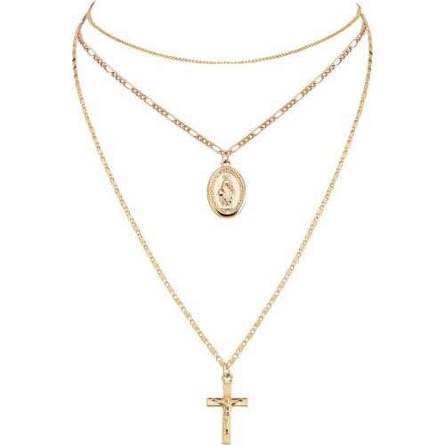 Necklaces Cross Jewelry Multilayer Womans Chain Necklace Figure Pendant Round Gold Color Vintage European Stainless Naszyjnik