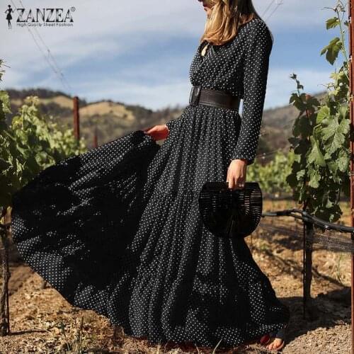 Bohemian Printed Dress Womens Spring Sundress 2021 ZANZEA Casual Long Sleeve Maxi Vestidos Female V Neck Ruffle Robe