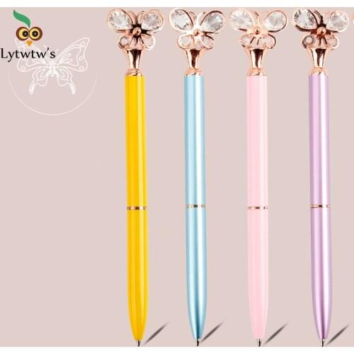 1 PCS Glass Butterfly School Pen 1 mm Bullet Point Metal Ballpoint Pen Spare Black Writing Pen For Student Rose Gold Stationery