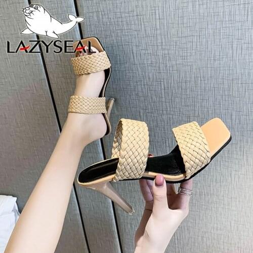 LazySeal 9cm Thin Heels Slippers For Women Summer Slides New Cool High Heels Mules Ladies Slides Bohemian Female Dress Shoes