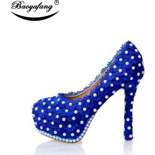 BaoYaFang Royal Blue lace Wedding shoe Bride Party dress shoes high heels round toe womens Pumps pearl shoes real leather insole