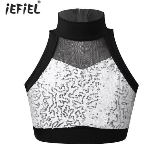 Fashion Girls Crop Tops Shiny Sequins Mesh Spliced Kids Clothes Back Zipper Tanks Tops Dance Stage Performance Workout Crop Top