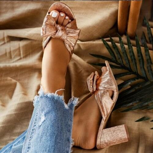 Bowknot High Heels Women Sandals Summer Square Heel Sandals Women Slippers Slip On Woman Pumps Ladies Shoes Sandalias Mujer 42