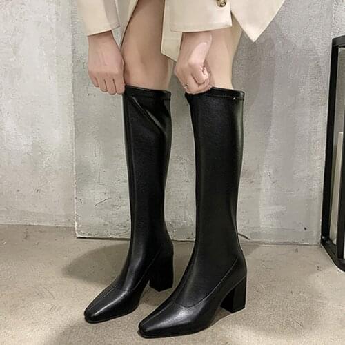 Womens Boots PU Square Toe Knee-High Solid Zip Platform Female Spring & Autumn Shoes Fashion Mature Concise Ladies Footwear